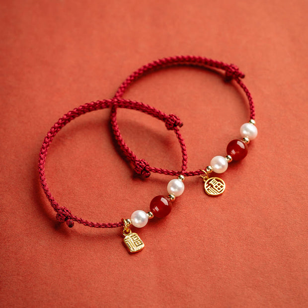 Buddha Stones 925 Sterling Silver Good Fortune Fu Character Agate Pearl Red String Braid Bracelet (Extra 30% Off | USE CODE: FS30) - image 1