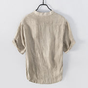 Buddha Stones Solid Color Short Sleeve Half Button Shirt Linen Men Clothing