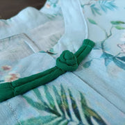 Buddha Stones Light Green Pink Flowers Green Leaves Frog-Button Long Sleeve Ramie Linen Jacket Shirt