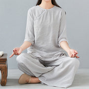 Buddha Stones 2Pcs Three Quarter Sleeve Long Sleeve Shirt Wide Leg Pants Meditation Cotton Linen Clothing Women's Set