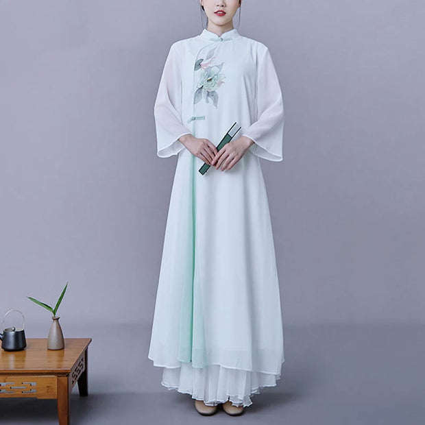 Buddha Stones 2Pcs Flower Three Quarter Sleeve Midi Dress Skirt Chiffon Zen Clothing Women's Set