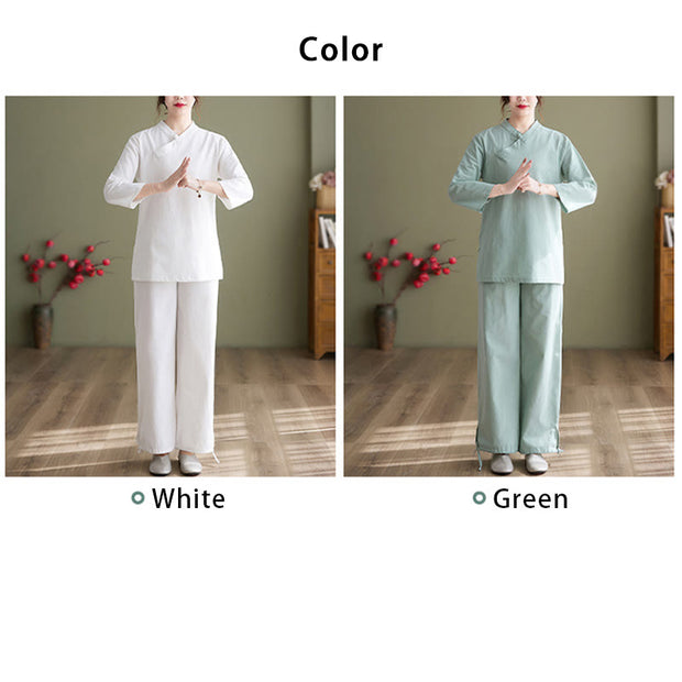 Buddha Stones 2Pcs Long Sleeve V-Neck Shirt Top Pants Meditation Zen Tai Chi Cotton Linen Clothing Women's Set