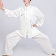 Buddha Stones White Flowers Embroidery Meditation Prayer Spiritual Zen Tai Chi Qigong Practice Unisex Clothing Set 1