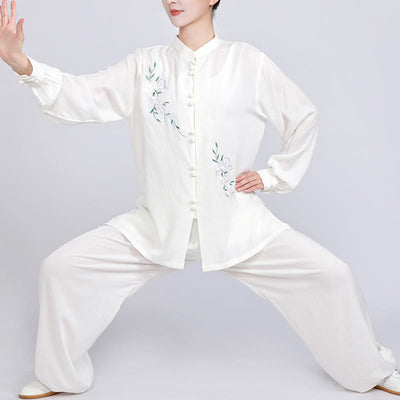 Buddha Stones White Flowers Embroidery Meditation Prayer Spiritual Zen Tai Chi Qigong Practice Unisex Clothing Set 1
