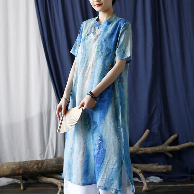 Buddha Stones Ramie Blue Digital Printing Cheongsam Dresses Short Sleeve Linen Dress 6