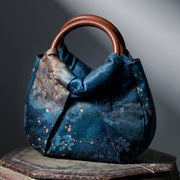 Buddha Stones Handmade Jacquard Flower Blue Xiangyunsha Silk Wooden Handle Handbag