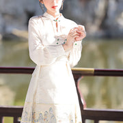 Buddha Stones Beige A Panorama of Rivers and Mountains Printed Chinese Hanfu Horse Face Skirt Mamianqun 9