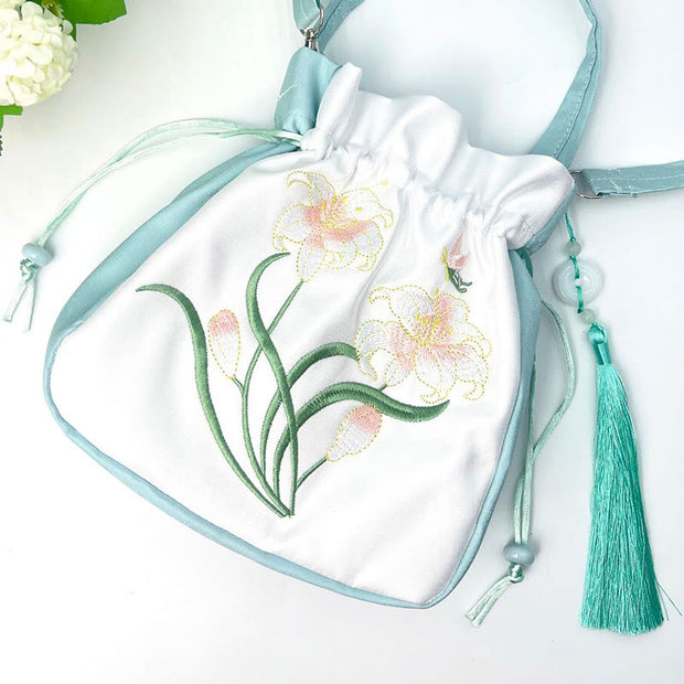 Buddha Stones Embroidered Flowers Wisteria Lily Cotton Linen Tote Crossbody Bag Shoulder Bag Handbag Crossbody Bag BS 10