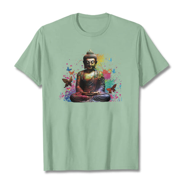 Buddha Stones Colorful Butterfly Flying Meditation Buddha Tee T-shirt T-Shirts BS PaleGreen 2XL