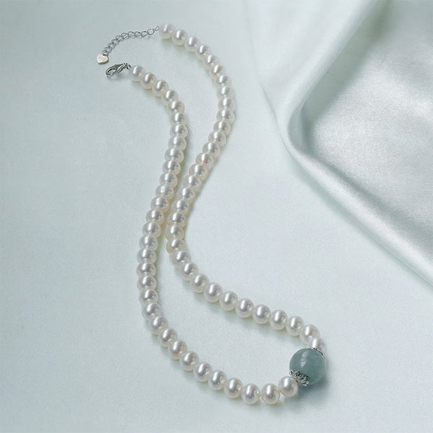 Buddha Stones 925 Sterling Silver Natural Pearl Hetian Jade Aquamarine Wisdom Sincerity Necklace Pendant Bracelet