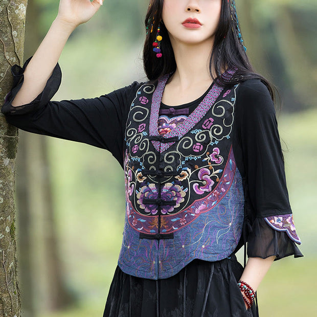 Buddha Stones Vintage Frog-Button Embroidery Purple Flower Tang Suit Design Sleeveless Vest