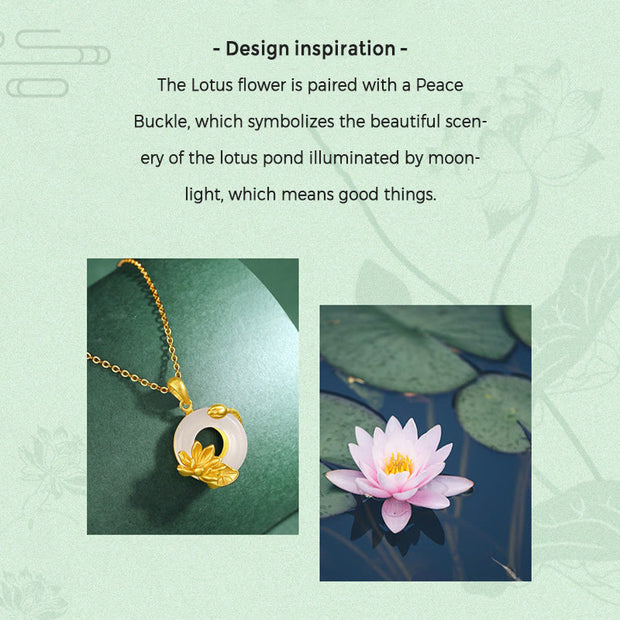 Buddha Stones Natural White Chalcedony Peace Buckle Lotus Pendant S925 Sterling Silver Necklace