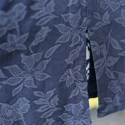 Buddha Stones Blue Flowers Embroidery Jacquard Midi Dress Three Quarter Sleeve Cotton Dress With Pockets 8
