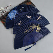 Buddha Stones Crane Dragonfly Lotus Peony Plum Blossom Butterfly Handheld Silk Bamboo Folding Fan 22.5cm