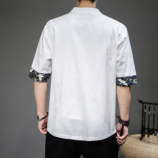 Buddha Stones Frog-Button Chinese Tang Suit Half Sleeve Crane Shirt Jacket Linen Men Clothing