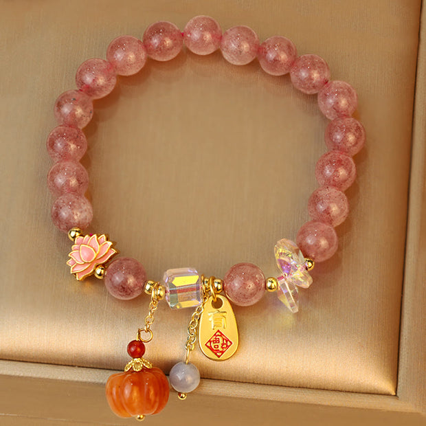 Buddha Stones Natural Strawberry Quartz Fu Character Pumpkin Charm Positive Bracelet Bracelet BS 6