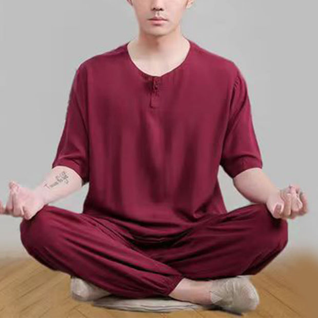 Buddha Stones 2Pcs Half Sleeve T-Shirt Pants Meditation Zen Tai Chi Cotton Linen Clothing Unisex Set 22