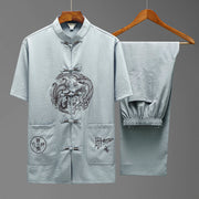 Buddha Stones Dragon Fu Character Tang Suit Traditional Short Sleeve Shirt Wide Leg Pants Clothing Men's Set