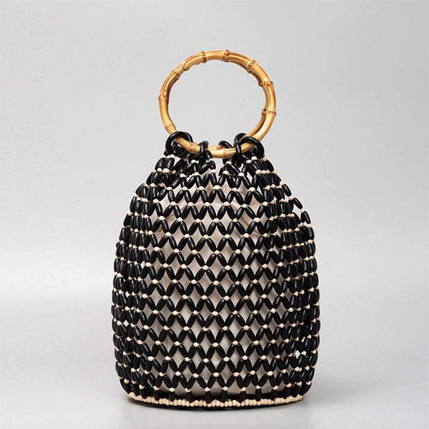 Buddha Stones Hand-woven Wooden Beads Bamboo Handle Shoulder Bag Handbag Handbags BS Black 20*20*28.6cm
