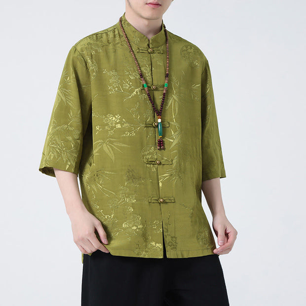Buddha Stones Peach Blossom Bamboo Leaves Frog-button Chinese Half Sleeve Shirt Men T-shirt