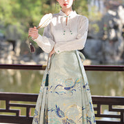 Buddha Stones Green Phoenix Printed Chinese Hanfu Horse Face Skirt Mamianqun 6