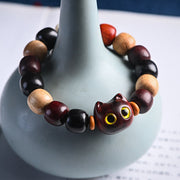 Buddha Stones Small Leaf Red Sandalwood Ebony Wood Cute Cat Engraved Protection Bracelet