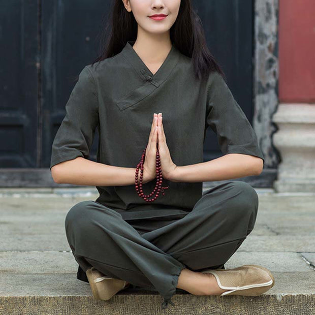 Buddha Stones 2Pcs Half Sleeve V-Neck Shirt Top Pants Meditation Zen Tai Chi Linen Clothing Women's Set Women's Meditation Cloth BS Gray(Top&Pants) 2XL(Bust 108cm/Waist 72-106cm/Pants Length 100cm)