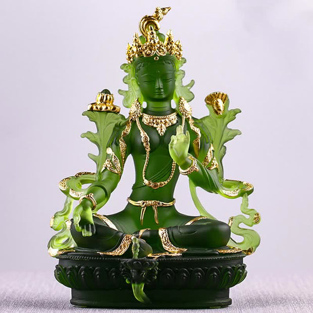 Buddha Stones Bodhisattva Green Tara Handmade Liuli Crystal Art Piece Protection Home Office Statue Decoration