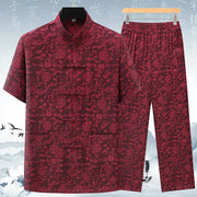 Buddha Stones Gourd Flower Leaves Tang Suit Short Sleeve Shirt Pants Clothing Men's Set