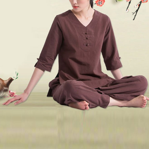 Buddha Stones Yoga Meditation Prayer V-neck Design Cotton Linen Clothing Uniform Zen Practice Women's Set Clothes BS 10