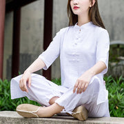 Buddha Stones 2Pcs Half Sleeve Shirt Top Pants Meditation Zen Tai Chi Linen Clothing Women's Set Women's Meditation Cloth BS 2