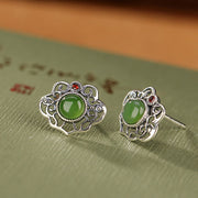 Buddha Stones 925 Sterling Silver Natural Hetian Cyan Jade Hollow Design Luck Ring Earrings Set Bracelet Necklaces & Pendants BS 10