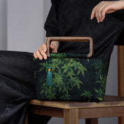Buddha Stones Vintage Brown Flowers Green Bamboo Leaves Wood Handles Zipper Handbag Handbags BS Black Bamboo Leaves 18*27*9cm