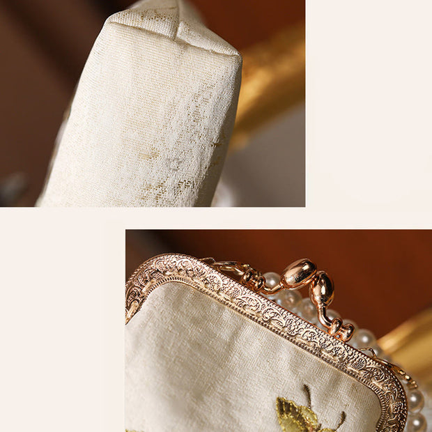 Buddha Stones Small Flowers Butterfly Embroidered Pearl Metal Chain Shoulder Bag Crossbody Handbag Cellphone Bag Crossbody Bag BS 7