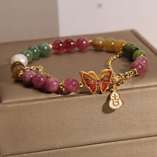 Buddha Stones Natural Colorful Tourmaline Butterfly Auspicious Character Gourd Charm Positive Bracelet
