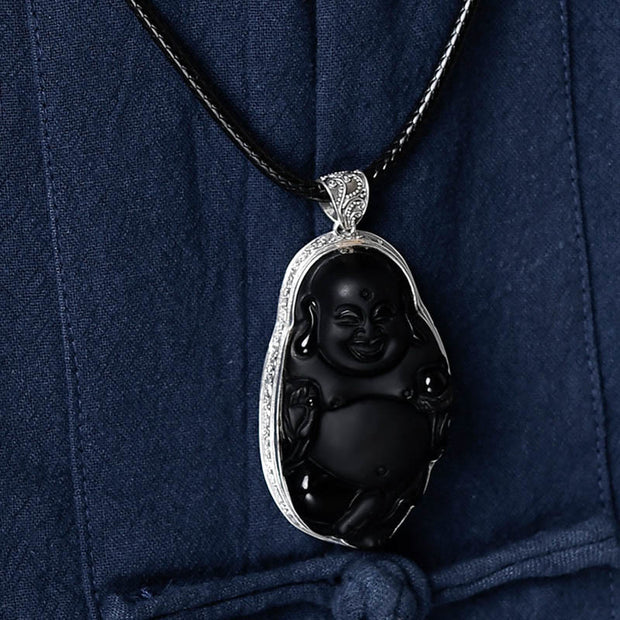 Buddha Stones Laughing Buddha 925 Sterling Silver Black Obsidian Strength Necklace Pendant