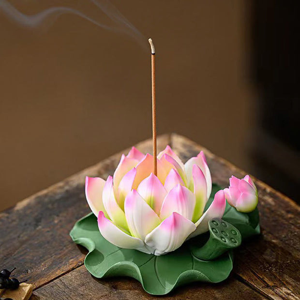 Buddha Stones Lotus Flower Leaf Pod Spiritual Healing Ceramic Stick Incense Burner Decoration Incense Burner BS 3