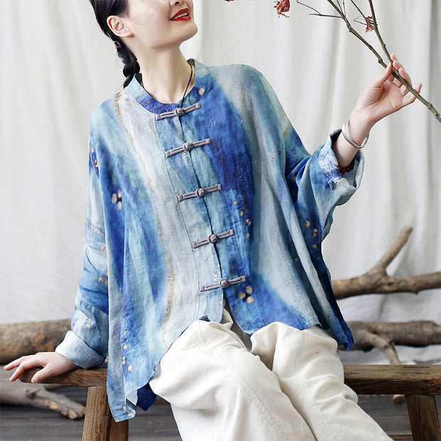 Buddha Stones Blue White Beige Small Flower Frog-button Design Long Sleeve Ramie Linen Jacket Shirt