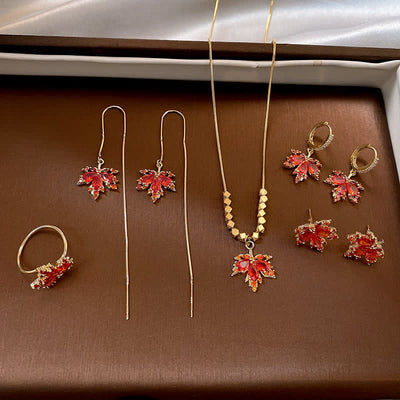 Buddha Stones Maple Leaf Zircon Luck Necklace Pendant Ring Earrings