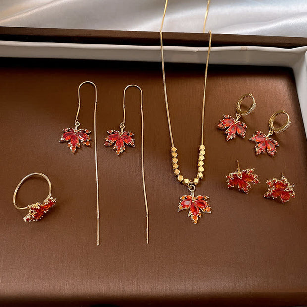 Buddha Stones Maple Leaf Zircon Luck Necklace Pendant Ring Earrings Necklaces & Pendants BS Set (Stud Earrings+Round Earrings+Earrings+Ring+Necklace)