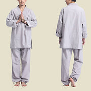 Buddha Stones Meditation Prayer V-neck Design Cotton Linen Spiritual Zen Practice Yoga Clothing Men's Set