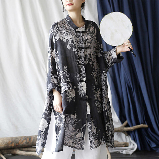 Buddha Stones Blue White Flowers Frog-Button Long Sleeve Ramie Linen Jacket Shirt With Pockets 11