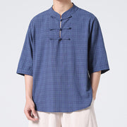 Buddha Stones Frog-Button Plaid Pattern Chinese Tang Suit Half Sleeve Shirt Cotton Linen Men Clothing