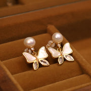 Buddha Stones 18K Gold Plated Copper Natural Shell Pearl Butterfly Sincerity Stud Earrings 6