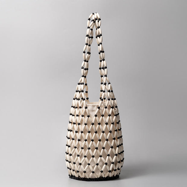 Buddha Stones Hand-woven Wooden Beads Bucket Shoulder Bag Handbag