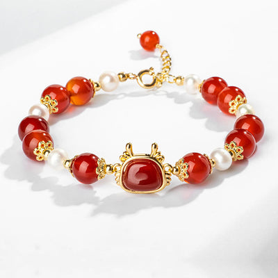 Buddha Stones 14K Gold Plated Year Of The Dragon Natural Red Agate Pearl Protection Fu Character Chain Bracelet (Extra 30% Off | USE CODE: FS30) Bracelet BS Red Agate(Wrist Circumference 14-19cm)