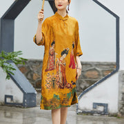 Buddha Stones Mulberry Xiangyunsha Silk 30 Momme Lady of Tang Dynasty Painting Qipao Cheongsam Dress