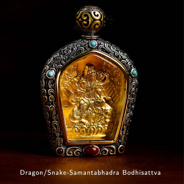 Buddha Stones 925 Sterling Silver Chinese Zodiac Natal Buddha Om Mani Padme Hum Engraved Wisdom Necklace Pendant Necklaces & Pendants BS Dragon/Snake-Samantabhadra Bodhisattva