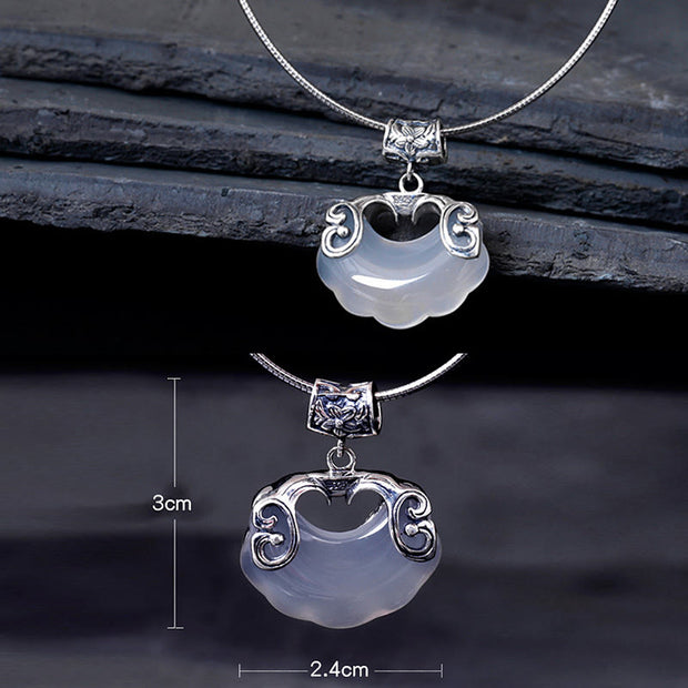 Buddha Stones 925 Sterling Silver Natural Chalcedony Lock of Good Wishes Koi Fish Luck Necklace Pendant