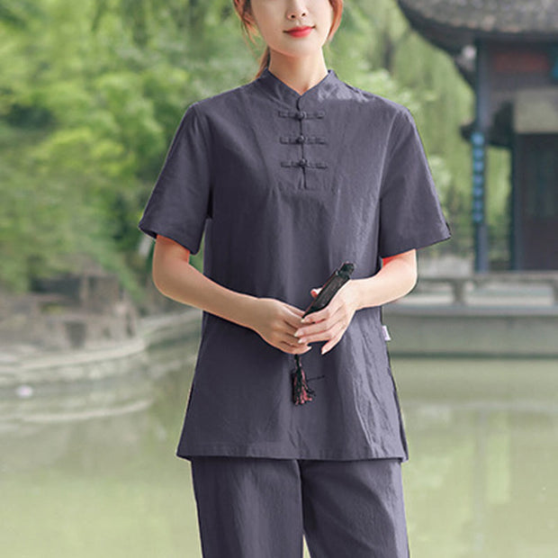 Buddha Stones 2Pcs Women's Short Sleeve Shirt Top T-Shirt Pants Meditation Zen Tai Chi Cotton Linen Clothing Set